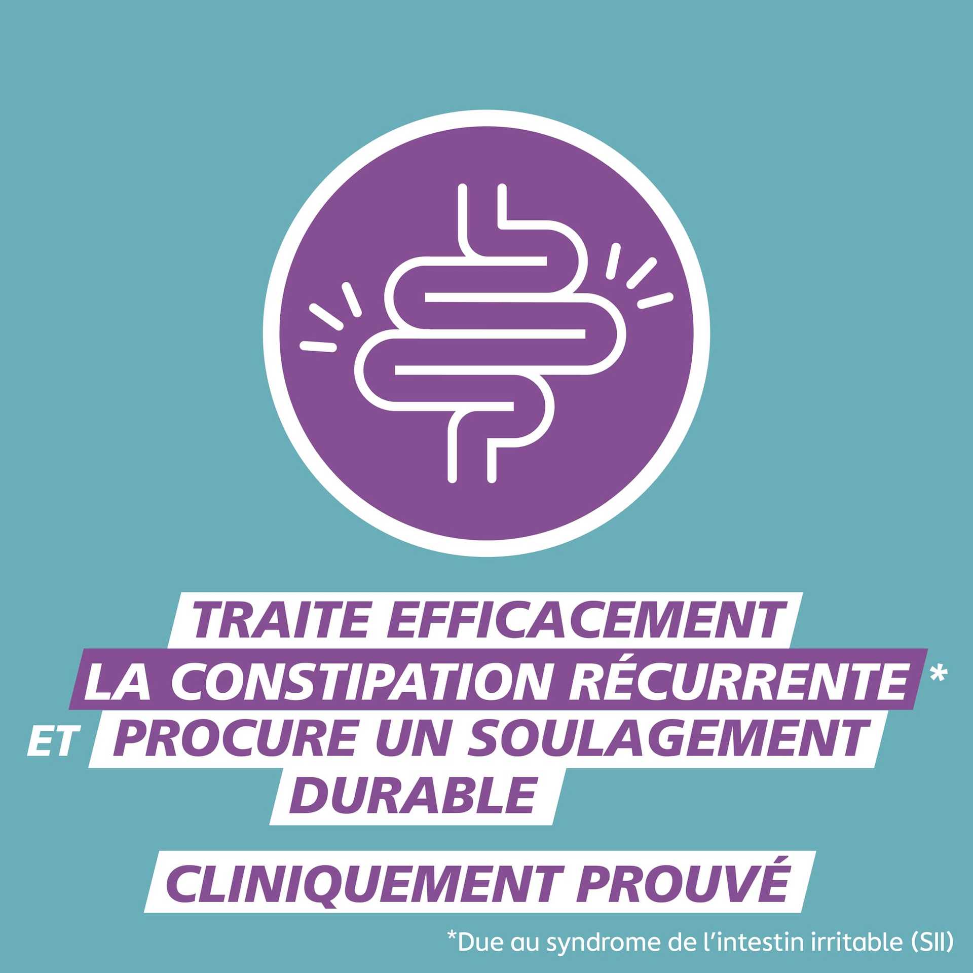 Traite efficacement la constipation récurrente* et procure un soulagement durable. Cliniquement prouvé. *Due au syndrome de l’intestin irritable (SII)​